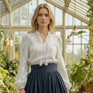 Aqua White Eyelet Lace Blouse Puff Sleeves NWT Romantic Cottagecore Top Sz S